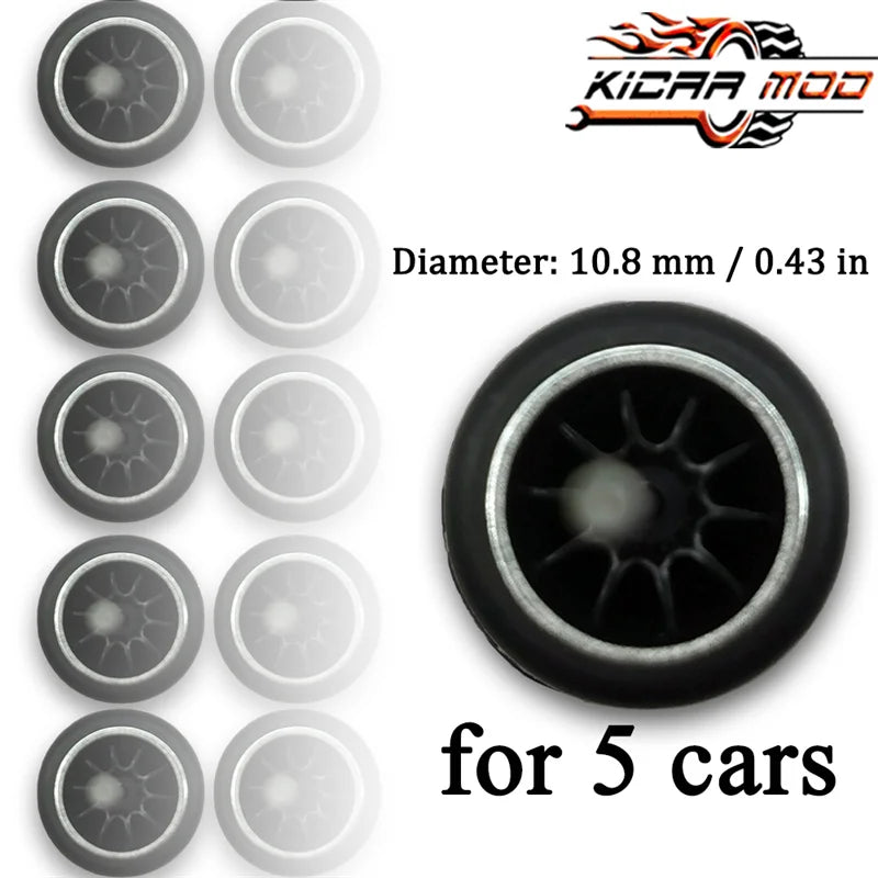 1/64 Wheels with Fixed Rubber Tires Ten Spoke for Toy Model Diecast Cars Refiting Parts for Hotwheels (5 sets for 5 Cars)