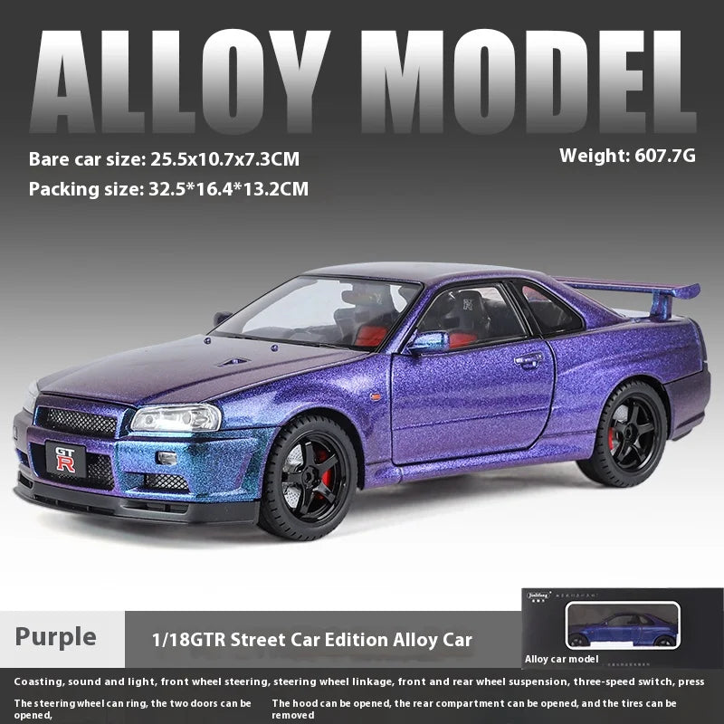 Nissan Skyline GT-R R34 1:18 Scale Alloy Die-Cast Model Car – Highly Detailed Collectible Replica - Boys' Gift Selection