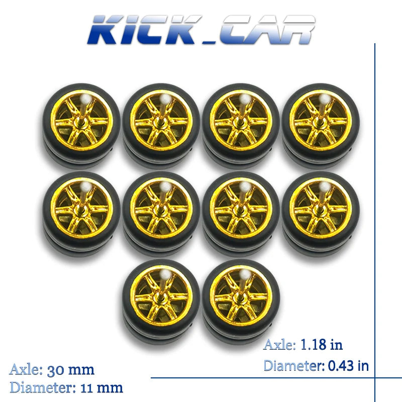 1/64 Wheels with Fixed Rubber Tires Six Spoke for Toy Model Diecast Cars Refiting Parts for Hotwheels (5 sets for 5 Cars)