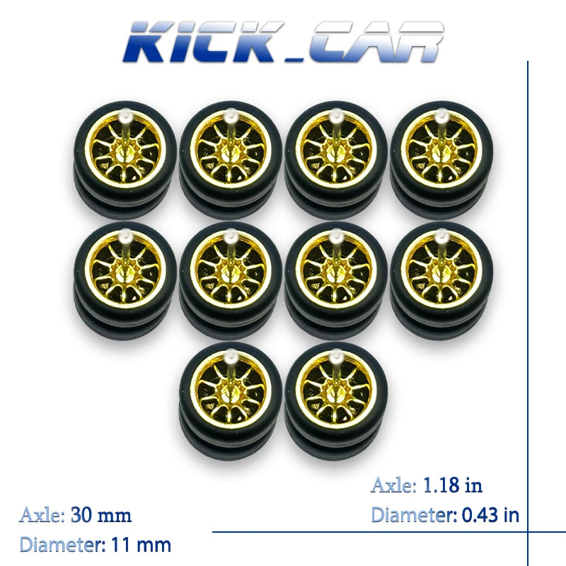 1/64 Wheels with Fixed Rubber Tires Ten Spoke for Toy Model Diecast Cars Refiting Parts for Hotwheels (5 sets for 5 Cars)