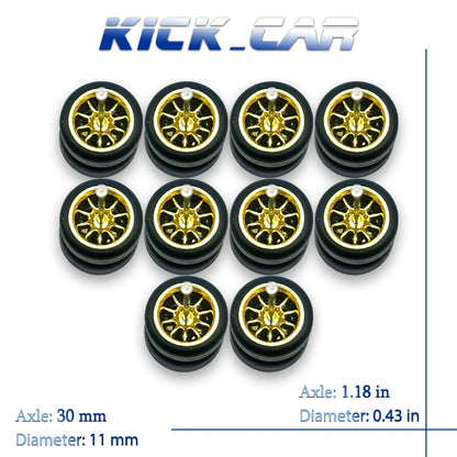 1/64 Wheels with Fixed Rubber Tires Ten Spoke for Toy Model Diecast Cars Refiting Parts for Hotwheels (5 sets for 5 Cars)