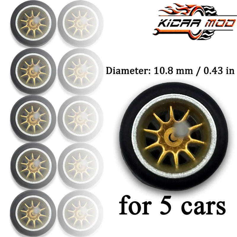 1/64 Wheels with Fixed Rubber Tires Ten Spoke for Toy Model Diecast Cars Refiting Parts for Hotwheels (5 sets for 5 Cars)
