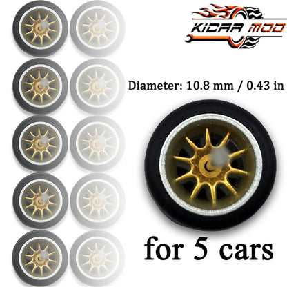 1/64 Wheels with Fixed Rubber Tires Ten Spoke for Toy Model Diecast Cars Refiting Parts for Hotwheels (5 sets for 5 Cars)