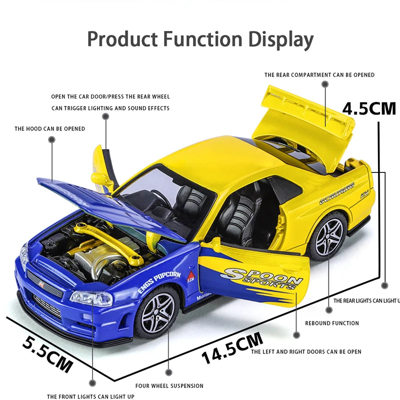1:32 GTR R34 Super Racing Car Alloy Diecast Exquisite Model Fast Furious Sound Light Simulated Children Birthday Gift Boy Toy