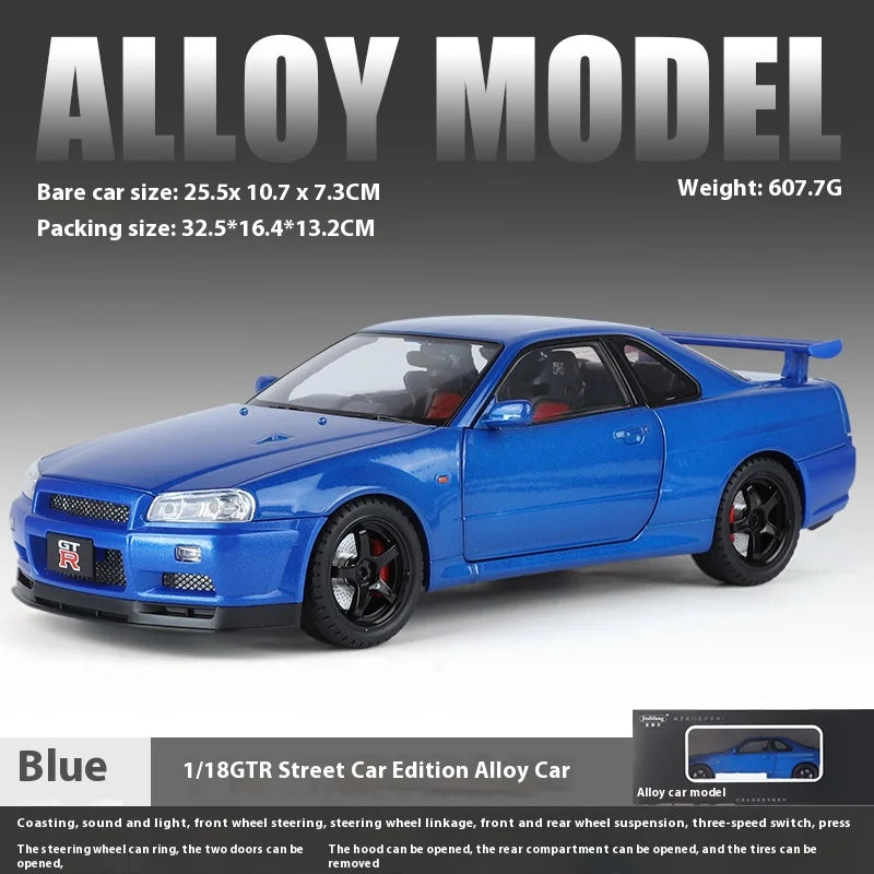 Nissan Skyline GT-R R34 1:18 Scale Alloy Die-Cast Model Car – Highly Detailed Collectible Replica - Boys' Gift Selection