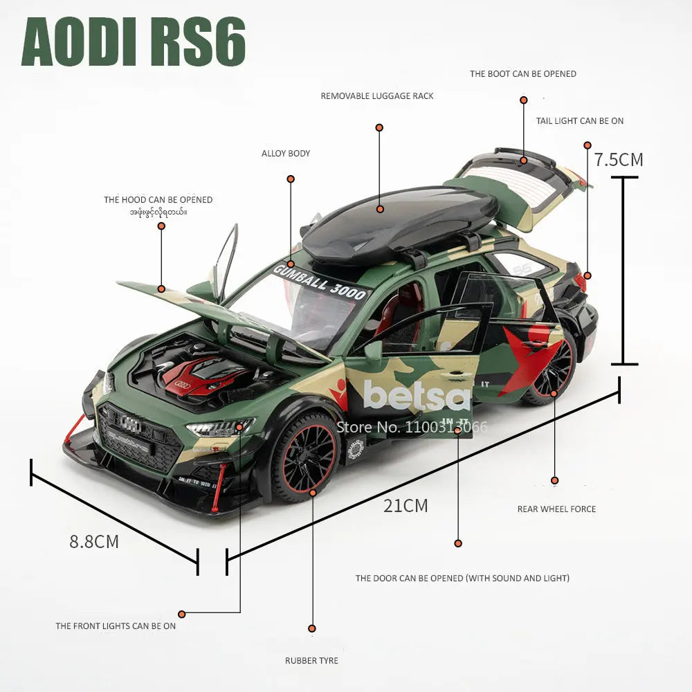 1/24 Audi RS6 Modified Vehicles Car Model Toys Alloy Diecast  With Pull Back Light & Sound Model Cars Boys Gifts For Children