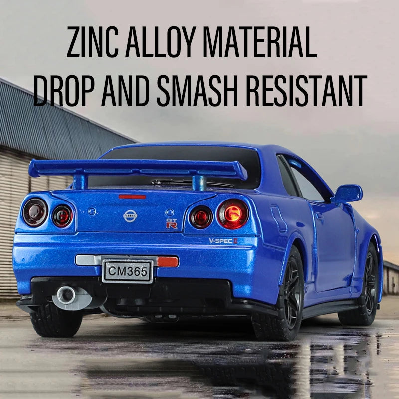 1:32 GTR R34 Super Racing Car Alloy Diecast Exquisite Model Fast Furious Sound Light Simulated Children Birthday Gift Boy Toy