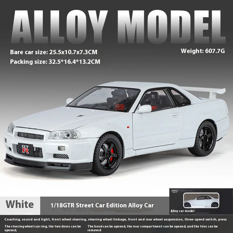 Nissan Skyline GT-R R34 1:18 Scale Alloy Die-Cast Model Car – Highly Detailed Collectible Replica - Boys' Gift Selection