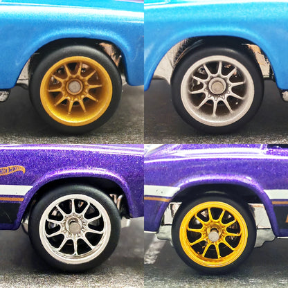 1/64 Wheels with Fixed Rubber Tires Ten Spoke for Toy Model Diecast Cars Refiting Parts for Hotwheels (5 sets for 5 Cars)