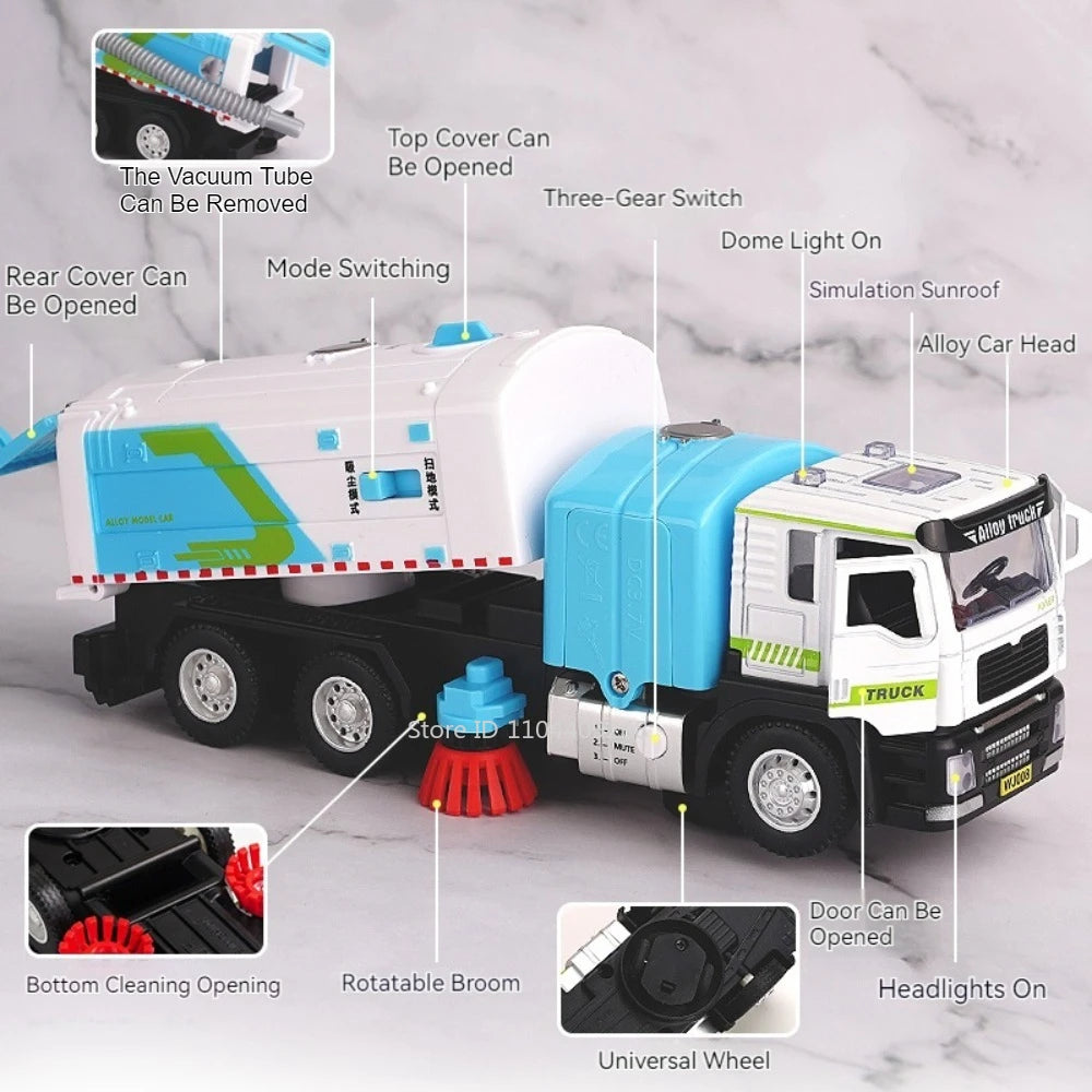 1:50 Electric Vacuum Cleaner Sweeper Garbage Truck Model Toy Alloy Diecast Light Sound Engineering Vehicle Gifts for Children