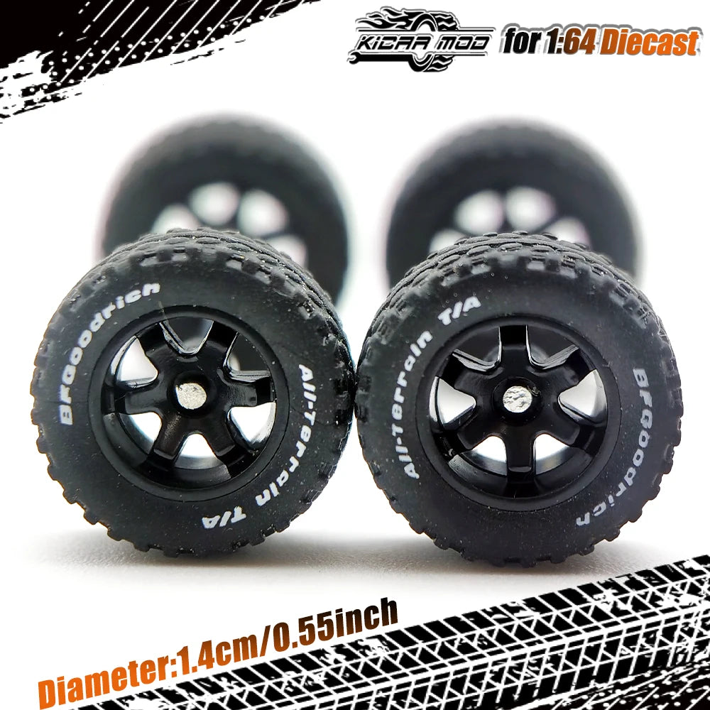 1/64 14mm Rubber Tires Tyre band letter & Diecast Car Wheels for 1:64 For Off-Road Dedicated to Pickup Trucks,Large Sedan(1 Set)