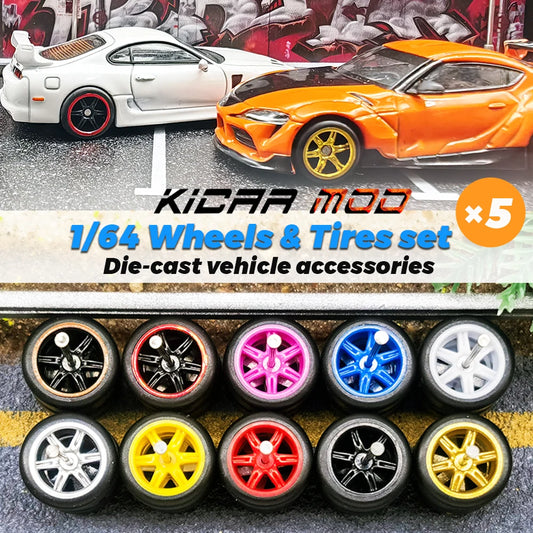 1/64 Wheels with Fixed Rubber Tires Six Spoke for Toy Model Diecast Cars Refiting Parts for Hotwheels (5 sets for 5 Cars)