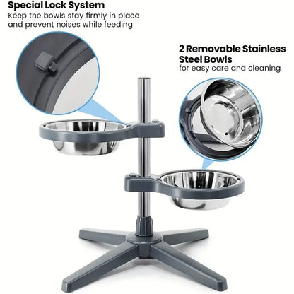 Adjustable Height Raised Pet Feeder with 2 Stainless Steel Bowls Lock System Durable Plastic Stand Suitable for all sizes of dog
