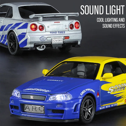 1:32 GTR R34 Super Racing Car Alloy Diecast Exquisite Model Fast Furious Sound Light Simulated Children Birthday Gift Boy Toy