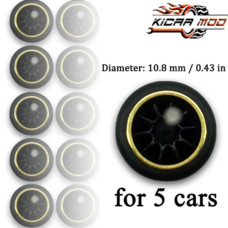 1/64 Wheels with Fixed Rubber Tires Ten Spoke for Toy Model Diecast Cars Refiting Parts for Hotwheels (5 sets for 5 Cars)