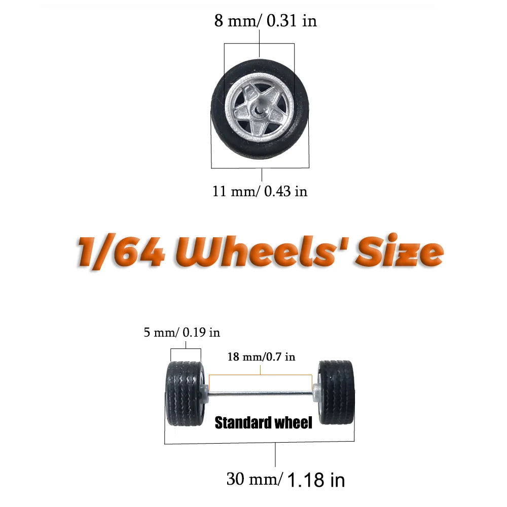 1/64 Wheels with Fixed Rubber Tires Ten Spoke for Toy Model Diecast Cars Refiting Parts for Hotwheels (5 sets for 5 Cars)