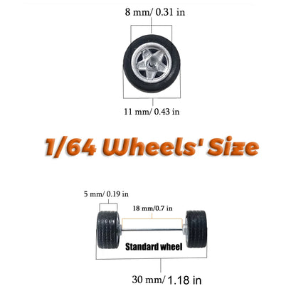 1/64 Wheels with Fixed Rubber Tires Ten Spoke for Toy Model Diecast Cars Refiting Parts for Hotwheels (5 sets for 5 Cars)