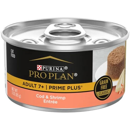 Grain Free Senior Wet Cat Food Pate SENIOR Prime Plus Cod and Shrimp Entree - Pack of 24 3 oz. Pull-Top Cans