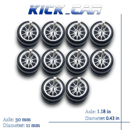 1/64 Wheels with Fixed Rubber Tires Ten Spoke for Toy Model Diecast Cars Refiting Parts for Hotwheels (5 sets for 5 Cars)