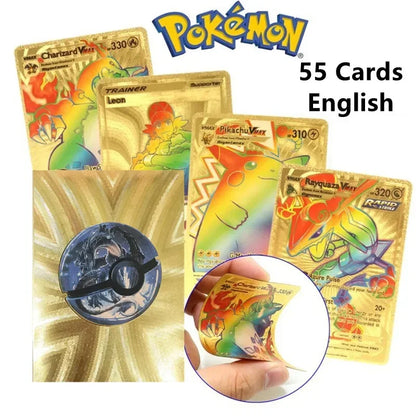 55Pcs/box Rainbow Pokemon Gold Cards Vmax GX EX Silver Black Flash Cards English Battle Trainer Booster Game Card