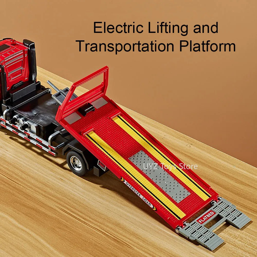 1:24 Electric Flatbed Trailer Cement Pump Truck Model Toys Diecast Alloy Car Doors Opened Sound Light Vehice Children's Boy Gift