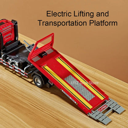 1:24 Electric Flatbed Trailer Cement Pump Truck Model Toys Diecast Alloy Car Doors Opened Sound Light Vehice Children's Boy Gift