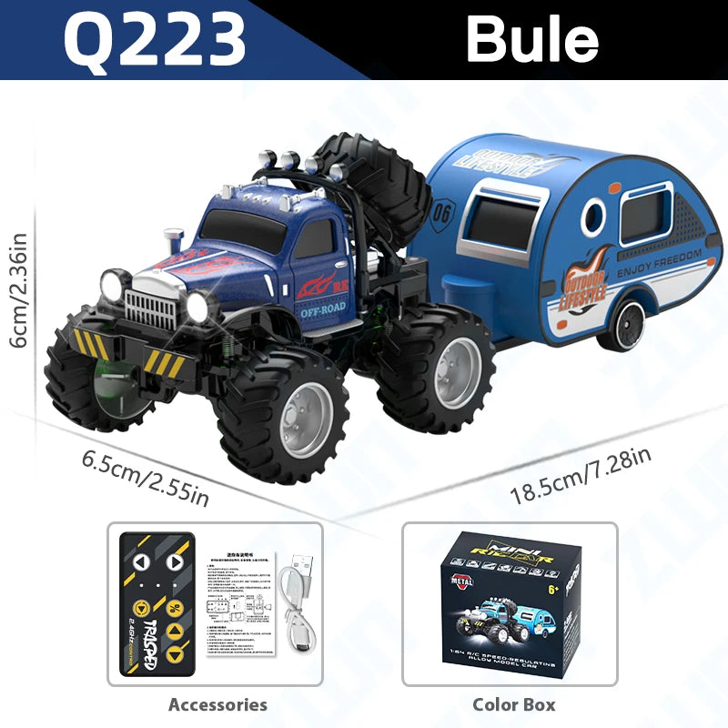 Q222 Q223 1:64 Mini RC Truck with Trailer Monster-Regulating Alloy All Terrain Remote Control Model Cars Toys for Kids Gift