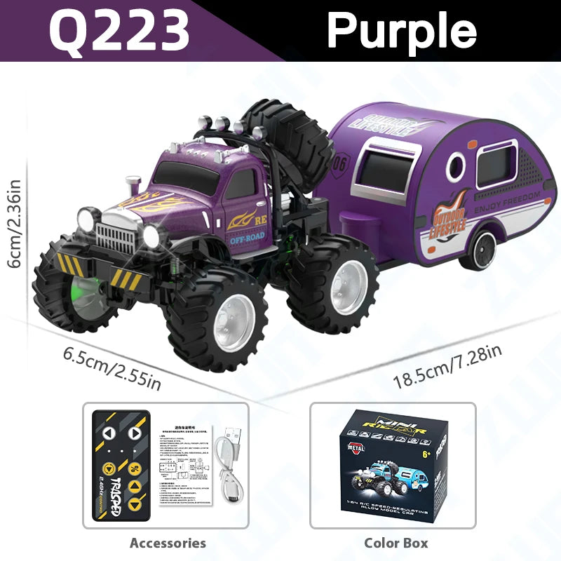 Q222 Q223 1:64 Mini RC Truck with Trailer Monster-Regulating Alloy All Terrain Remote Control Model Cars Toys for Kids Gift