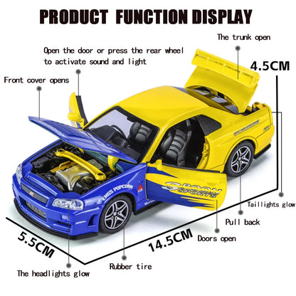 1:32 GTR R34 SKYLINE Fast Alloy Simulation Car Model Diecasts & Toy Vehicles And Furious Cars Decoration Toys gift for collectio