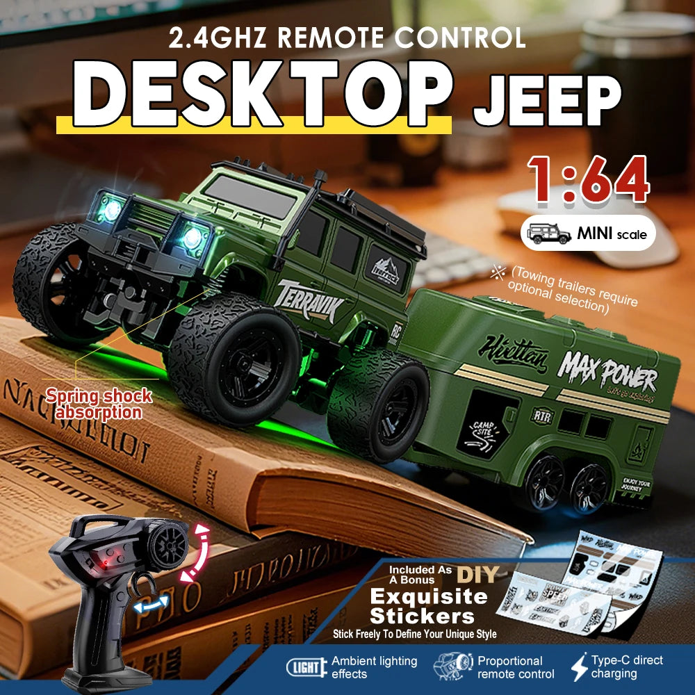 1:64 Remote Control Off-Road Vehicle 2.4G mini Desktop Remote Control Toy Car-with Tow Box Children's Holiday Gift