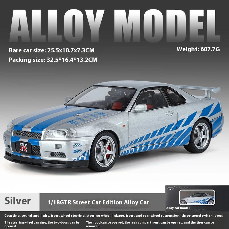Nissan Skyline GT-R R34 1:18 Scale Alloy Die-Cast Model Car – Highly Detailed Collectible Replica - Boys' Gift Selection