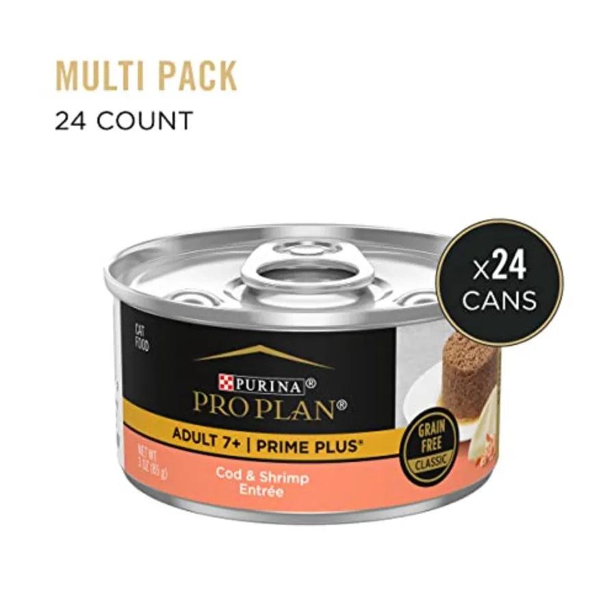 Grain Free Senior Wet Cat Food Pate SENIOR Prime Plus Cod and Shrimp Entree - Pack of 24 3 oz. Pull-Top Cans