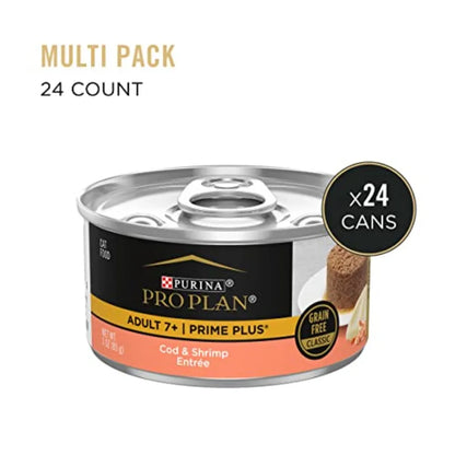 Grain Free Senior Wet Cat Food Pate SENIOR Prime Plus Cod and Shrimp Entree - Pack of 24 3 oz. Pull-Top Cans