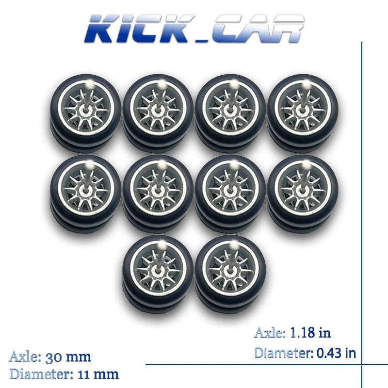 1/64 Wheels with Fixed Rubber Tires Ten Spoke for Toy Model Diecast Cars Refiting Parts for Hotwheels (5 sets for 5 Cars)