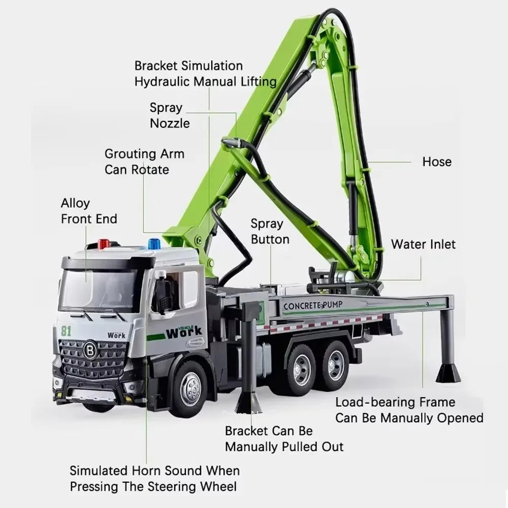 1:24 Electric Flatbed Trailer Cement Pump Truck Model Toys Diecast Alloy Car Doors Opened Sound Light Vehice Children's Boy Gift