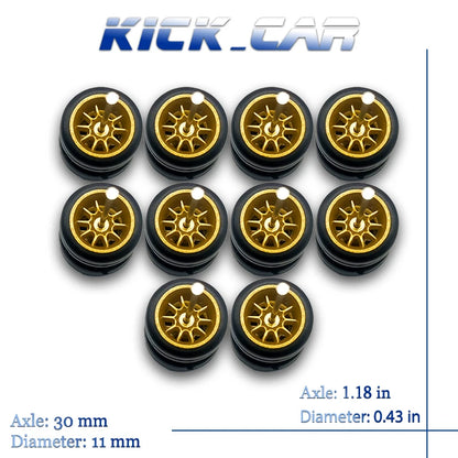 1/64 Wheels with Fixed Rubber Tires Ten Spoke for Toy Model Diecast Cars Refiting Parts for Hotwheels (5 sets for 5 Cars)