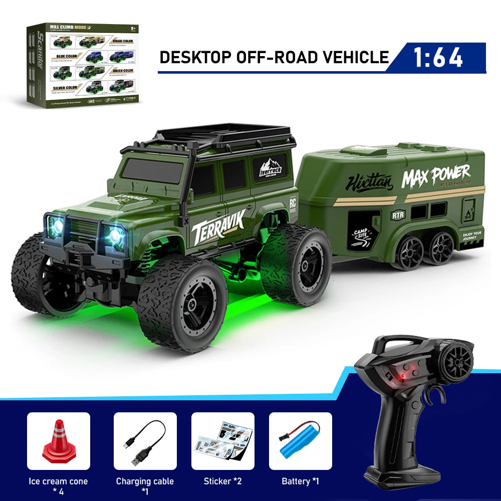 1:64 Remote Control Off-Road Vehicle 2.4G mini Desktop Remote Control Toy Car-with Tow Box Children's Holiday Gift