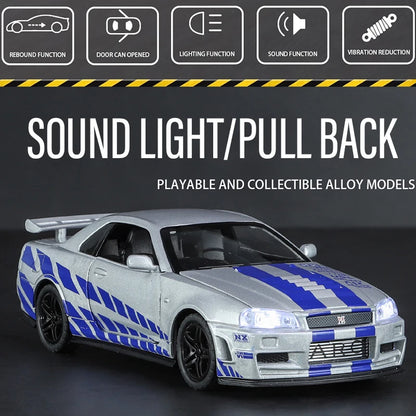 1:32 GTR R34 Super Racing Car Alloy Diecast Exquisite Model Fast Furious Sound Light Simulated Children Birthday Gift Boy Toy
